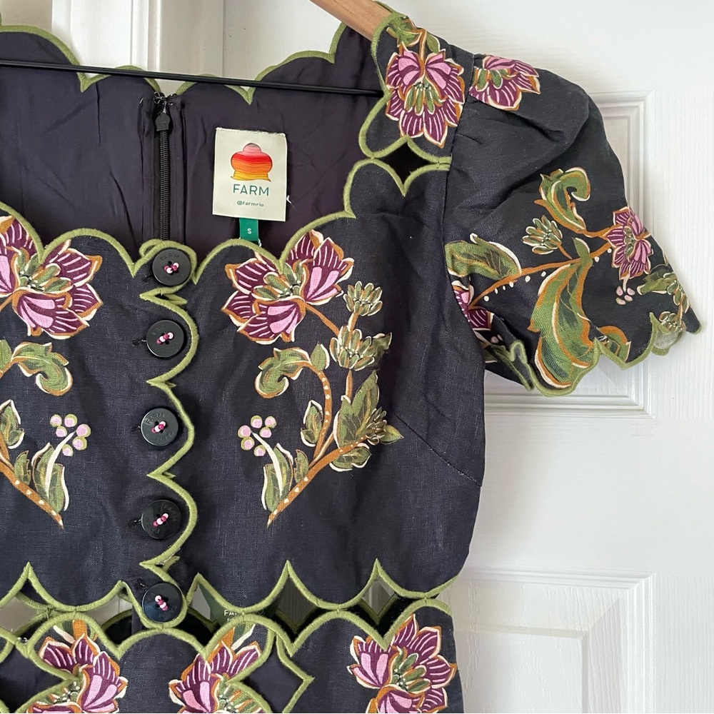 FARM Rio Ravenela Floral Embroidered Black Linen Midi Dress Women's Small NWT - Picture 6 of 16